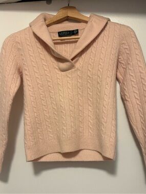 Lauren Ralph 100% Cashmere Pullover Collared Pastel Pink Cable Knit Sweater